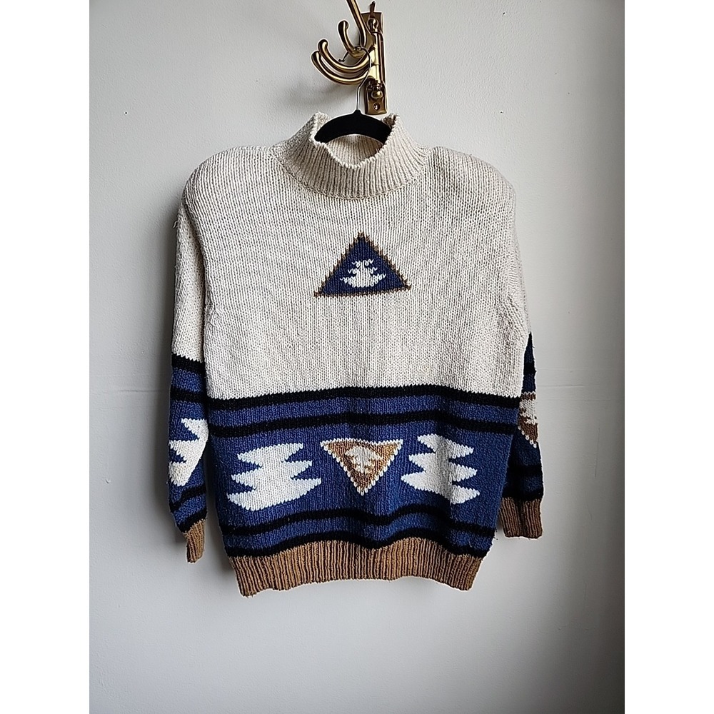 Vintage Chunky Knit Aztec‎ Sweater Womens Small Indigo Tan Ivory 90s Southwest